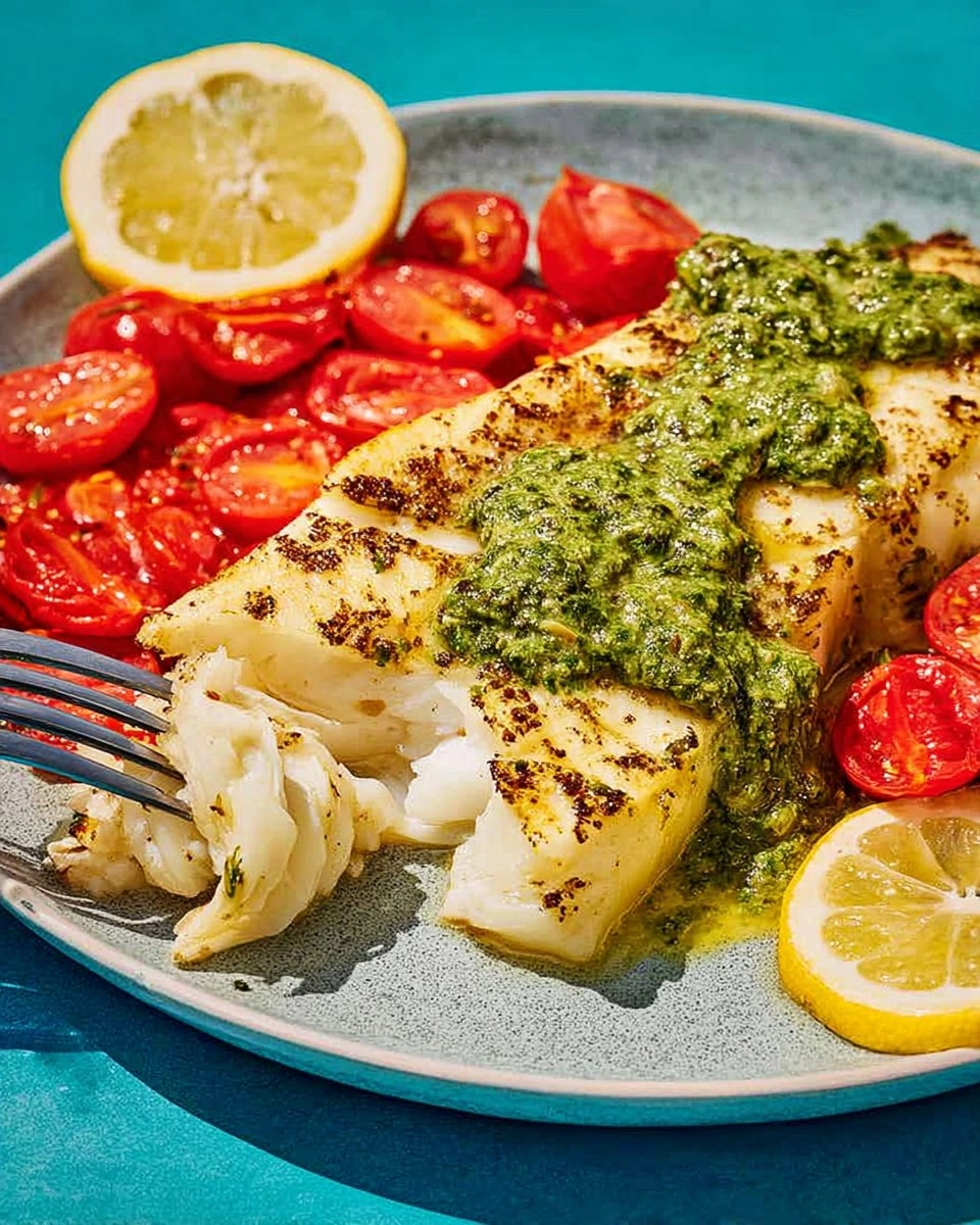 Baked Chilean Sea Bass with Pesto and Cherry Tomatoes