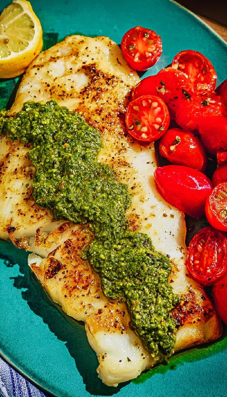 Baked Chilean Sea Bass with Pesto and Cherry Tomatoes